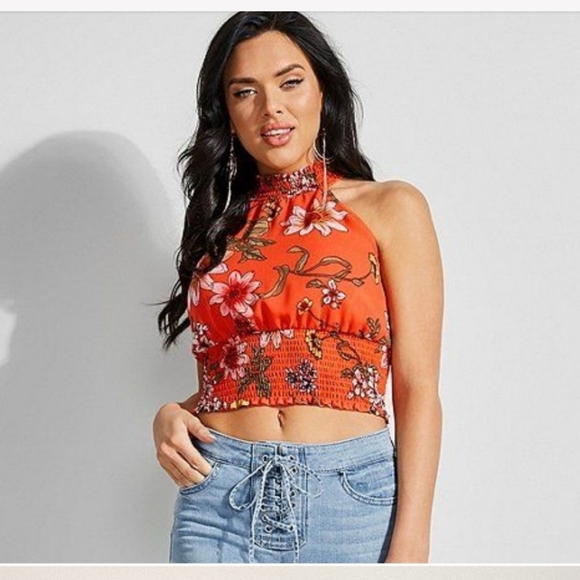 Smocked Floral High Neck Guess Tank Top - Picture 1 of 6